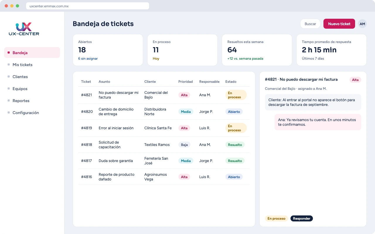 Bandeja de tickets de soporte en UX Center