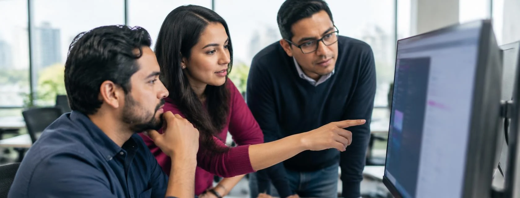 Equipo de desarrollo de software revisando una interfaz en una sesión de trabajo