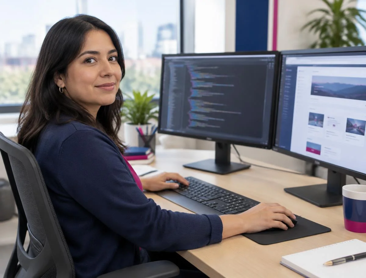 Desarrolladora programando una página web en dos monitores